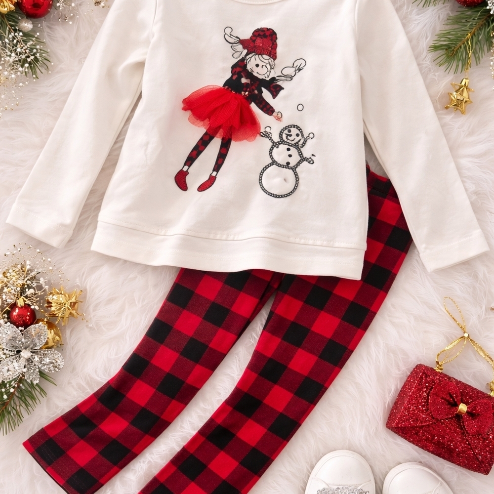 btween Red & Black Buffalo Plaid Girls Matching Set with White Top